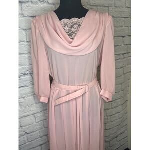 Bobby's Girl Pink Vintage Cowl Neck Lace Semi Sheer Secretary Dress Belt Size 14